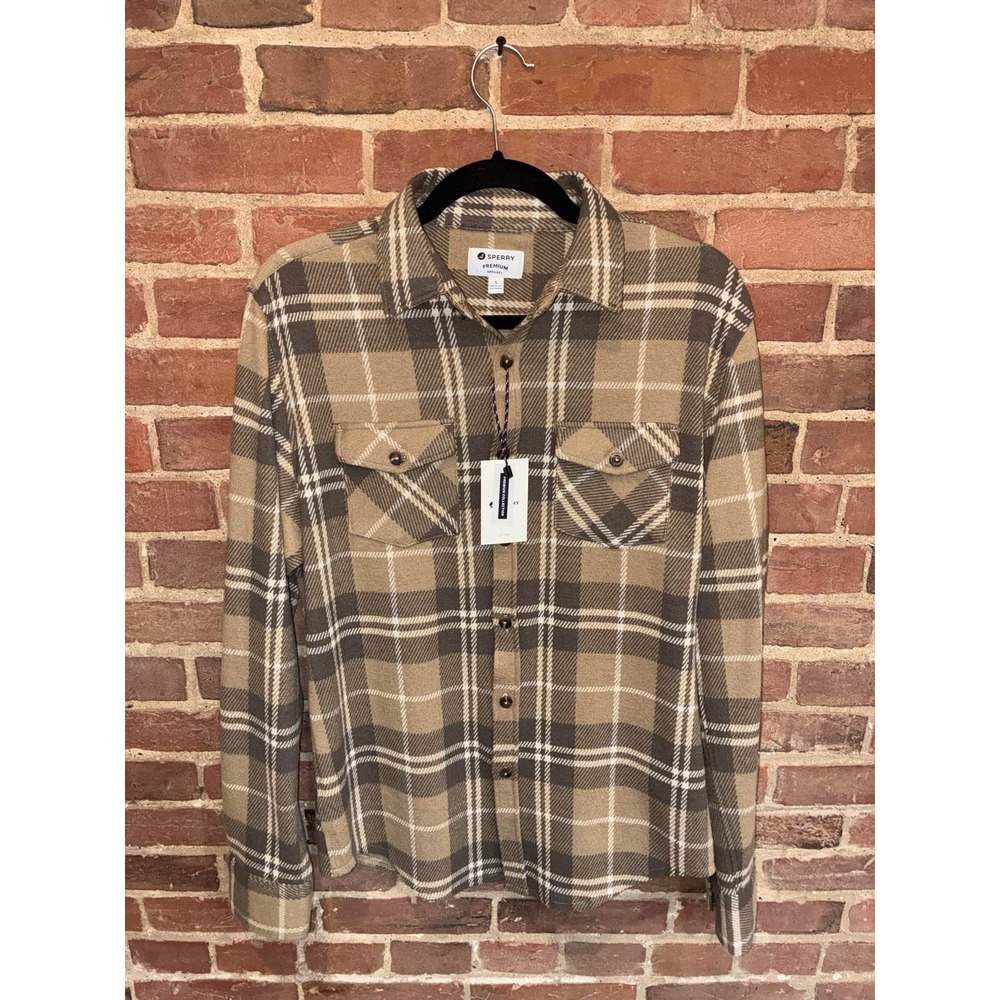NWT Sperry Mens Small Flannel Shirt Brown‎ Tan Plaid Long Sleeve Sz Small